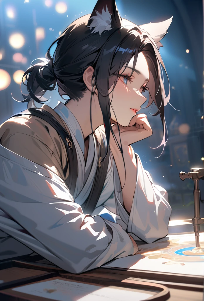 1 boy with wolf-like ears, long black hair tied up with a delicate Appearance Asian-style hair Far away Tied , pale skin, captivating gray eyes, soft youthful expression, wearing delicate white robes, central composition, serene contemplative pose, neutral minimalist backdrop, gentle elegance and mysticism, blend of traditional Chinese and supernatural elements, detailed facial features, (best quality,4k,8k,highres,masterpiece:1.2),ultra-detailed,HDR,UHD,studio lighting,ultra-fine painting,sharp focus,physically-based rendering,extreme detail description,professional,vivid colors,bokeh,portraits,fantasy,ethereal,concept art