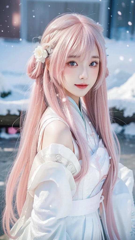 a close up of a woman with pink hair wearing a white dress, a colorized photo by Lü Ji, trending on cg society, plasticien, white hanfu, very long snow colored hair, beautiful long white hair