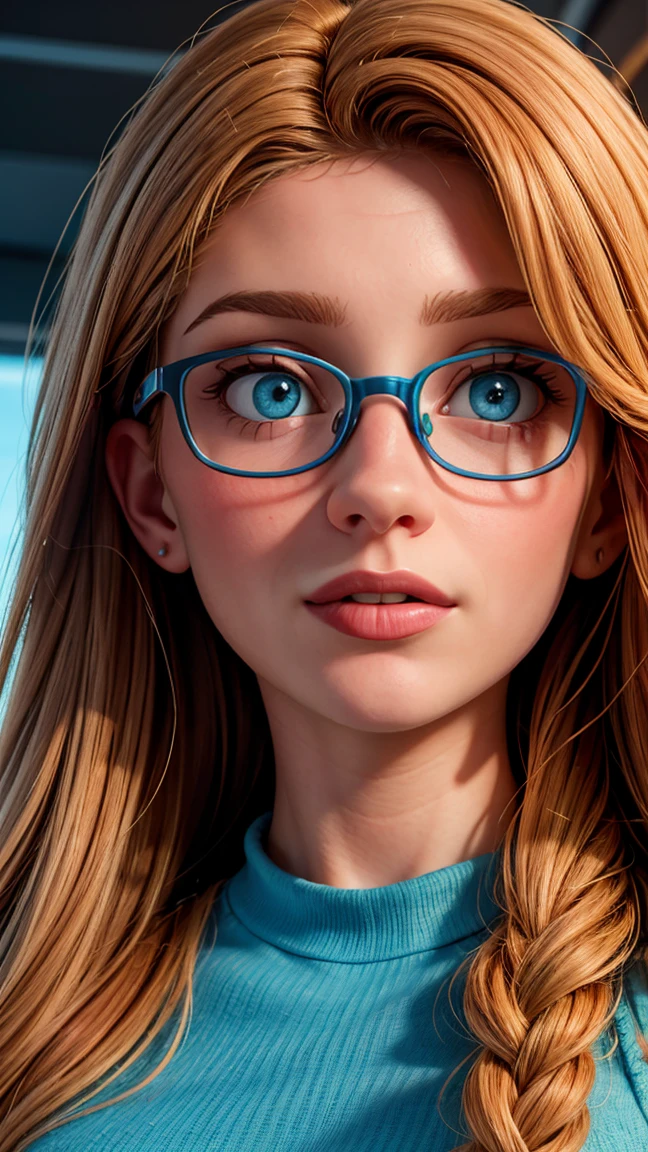 girl, close-up, glasses, intelectual, nerd, selfie for social media, High quality, 8K Ultra HD, hyper-realistic portrait of a perfect 2 fit beautiful Nordic woman wearing a minimalistic bright turquoise gym outfit. The artist captures the woman with mysterious, long, and slightly wavy red hair, captivating blue eyes that show a sense of mischief, and a confident glance directly into the camera with her captivating eyes. Every subtle delicate nuance of her attractive face, the intricacies of her gaze, and the cascading strands of her hair are perfectly captured. The artist employs a mastery of modeling lighting techniques, creating a studio lit environment that perfectly captures her entire face looking directly at the camera. Her entire head and hair are captured in this masterpiece.