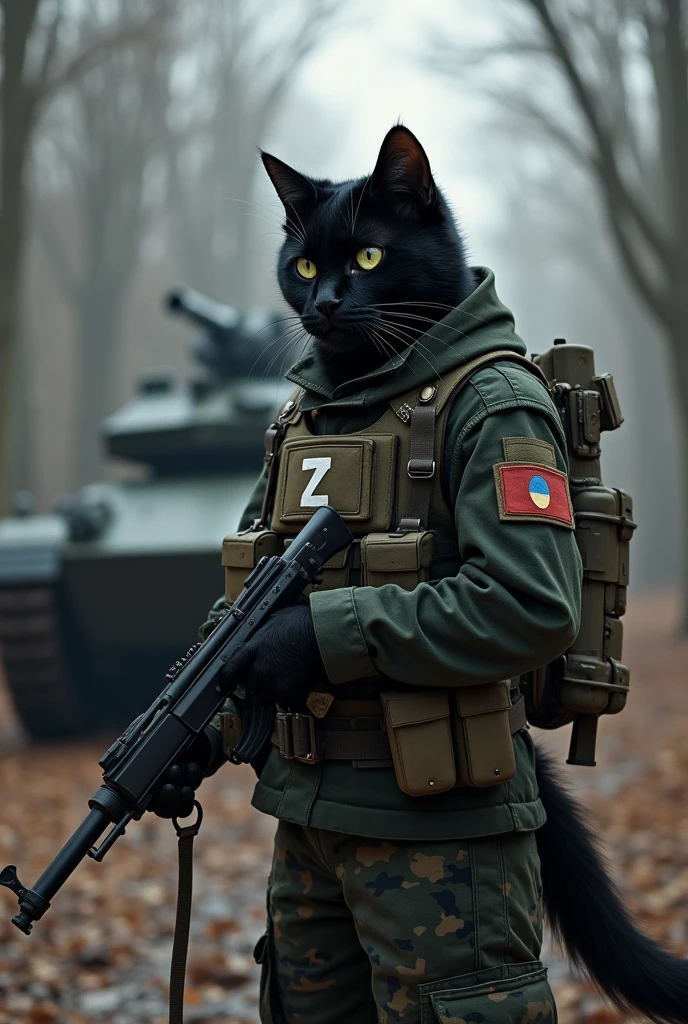 Create a black cat fighting against Ukraine. He is wearing Russian camouflage clothing and has an AK coma in his hand. He is wearing a bulletproof vest with the letters Z in white and he is in a forest with leafless trees with a Russian T80 armored vehicle.