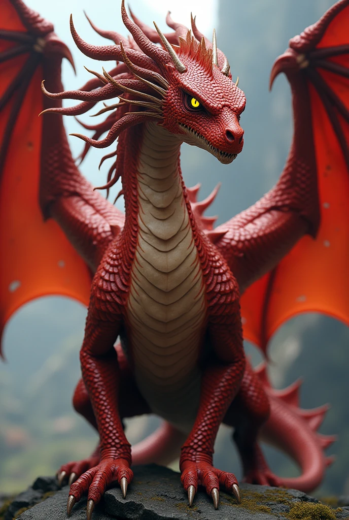 1 red dragon with dreadlocks on his head, yellow eyes with black pupil
