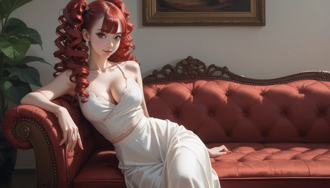 Long hair, side top pigtails, red curly hair, bangs, slim body, very large breasts, ball shaped breasts, red pupils, cleavage, red eyes, hair between eyes, very long hair, red hair, lips, drill curls, beautiful Japanese woman, five fingers, reality, slim waist, smiling, full body, sitting on sofa in short sleeveless top and miniskirt in luxurious room