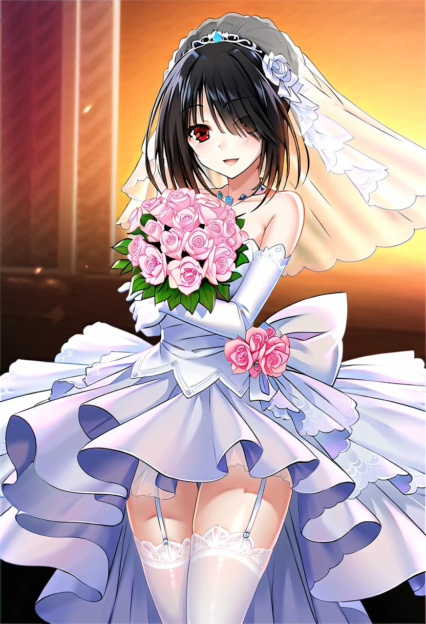 tokisaki kurumi,((masterpiece)),(((best quality))),((ultra-detailed)),((illustration)),((disheveled hair)),((frills)),(1 girl),(solo), 1girl, ass, black hair, blurry background, blush, bouquet, dress, flower, gloves, hair over one eye, holding bouquet, open mouth, pink flower, pink rose, red rose, rose, smile, white legwear, white rose, blurry, depth of field,Lace underwear, Wearing lace underwear, There is no skirt, Showing thighs, White stockings, Lace stockings,full shot,Rating:safe,
