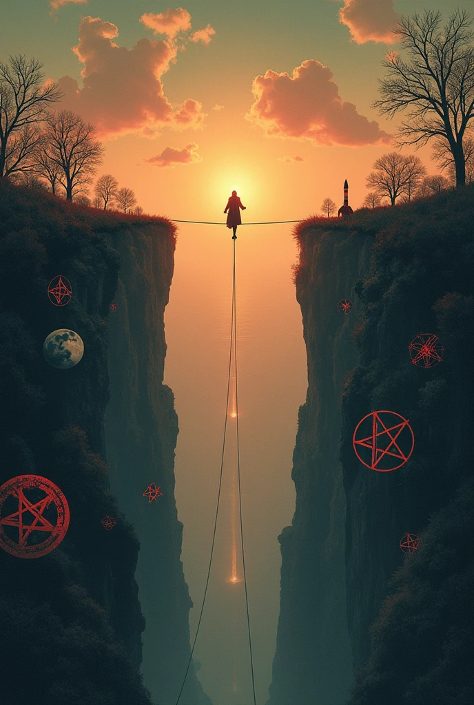 Claro! Aqui está um prompt em inglês para criar uma imagem semelhante, mas sem a figura de Parsons e com um crepúsculo substituindo o abismo:

---

"Create a vintage-style image of a tightrope stretched between two abysses. One abyss is filled with various occult symbols such as pentagrams, hexagrams, and satanic symbols. The other abyss contains scientific elements, with a focus on rockets, along with scientific symbols, molecular formulas, and the molecular structure of gunpowder. Instead of a figure walking on the tightrope, depict a dramatic twilight scene as the backdrop, blending the mystical and scientific elements with the soft, fading light of the setting sun. The overall atmosphere should be retro and vintage."

---

