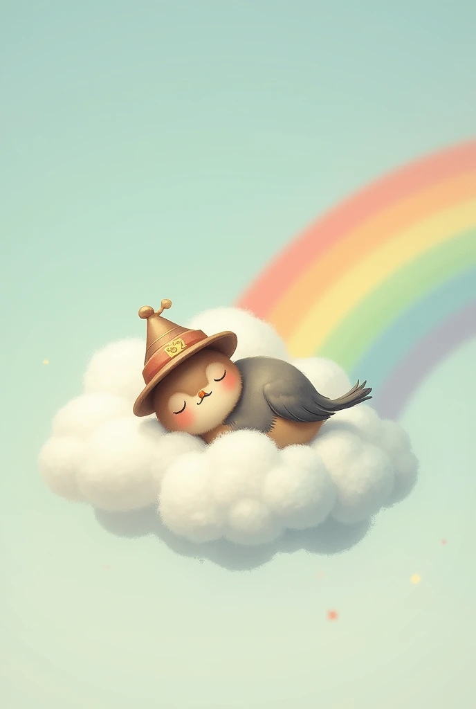 A cute little bird taking a nap on a cloud Wearing a hat Picture book style The sky is light blue Rainbow on background