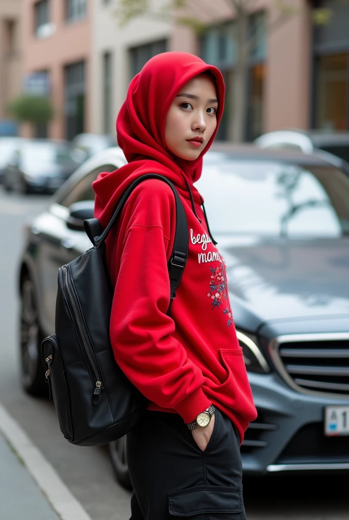 Beautiful Korean girl with white skin. Well-groomed face, red hijab, red hoodie decorated with floral motifs, beautiful mama logo, cargo pants with lots of black pockets,
backpack, cool watch, standing with his back to a luxury car with a faint smile facing the front, urban background, there are parked vehicles, original and realistic photo