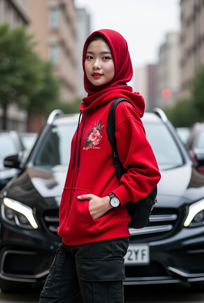 Beautiful Korean girl with white skin. Well-groomed face, red hijab, red hoodie decorated with floral motifs, beautiful mama logo, cargo pants with lots of black pockets,
backpack, cool watch, standing with his back to a luxury car with a faint smile facing the front, urban background, there are parked vehicles, original and realistic photo