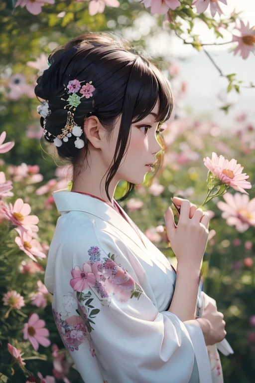 Pink cosmos background White kimono Cosmos hair ornament