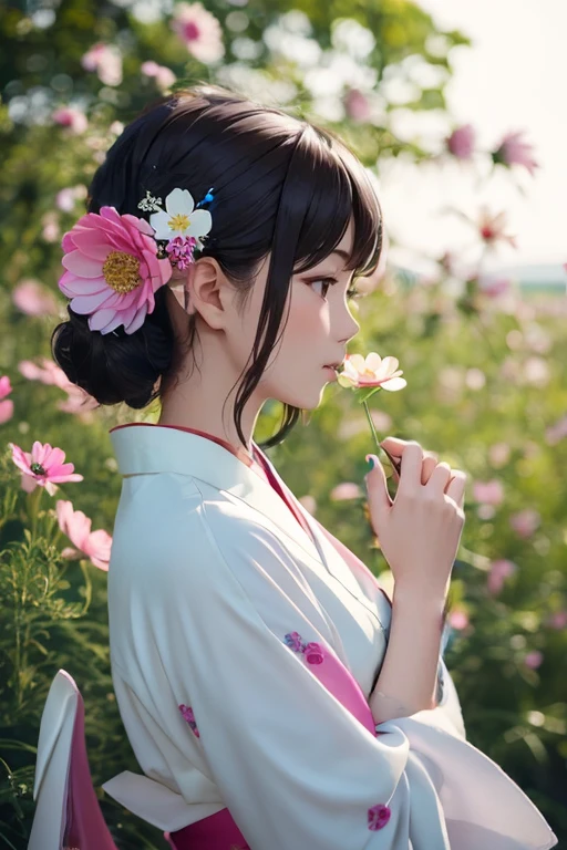 Pink cosmos background White kimono Cosmos hair ornament