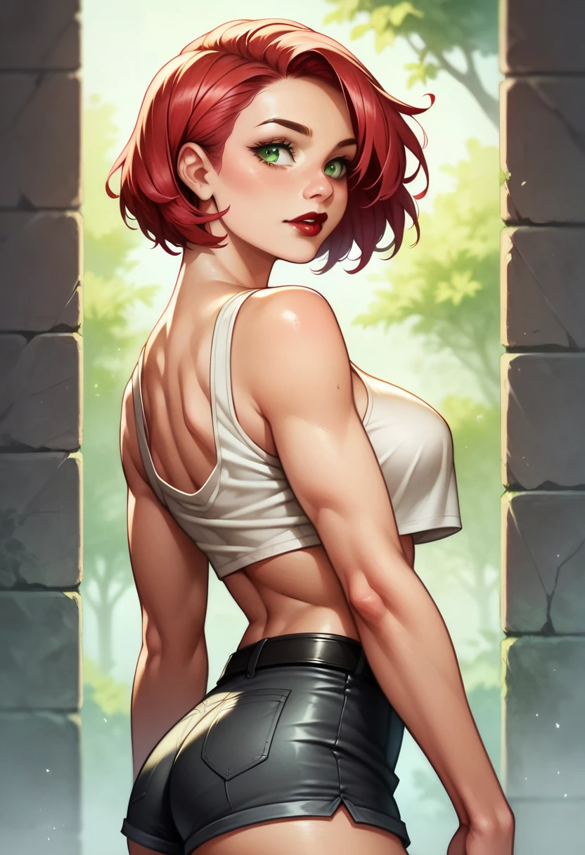 (high-level image quality), (high quality), (high resolution), (detailed), (masterpiece), beautiful woman, ((caucasian)), green eyes, red hair, short hair, dark red lipstick, perfect eyes, Detailed face, cropped top, black shorts, black belt on the waist, portrait, malicious face, back view, side view, hot body