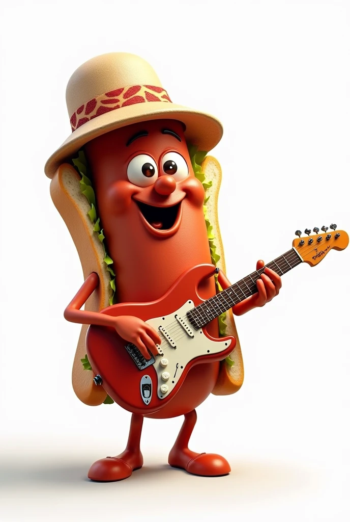 A cute chorizo sandwich with a hat playing an electric guitar on a white background. Don&#39;t forget the bread