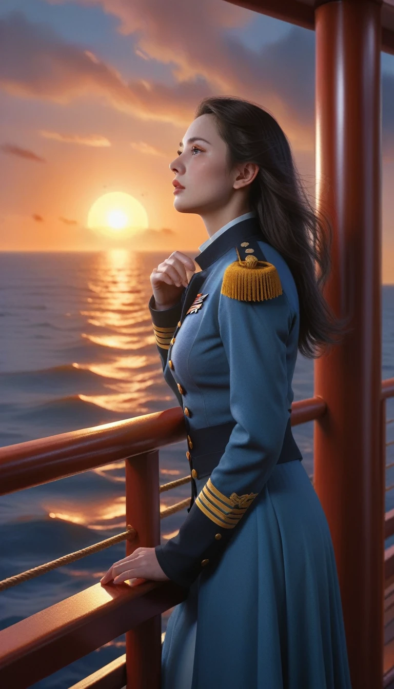 [Vision:1.0]，[Wide Angle:1.0]，(poster design:1.9)，Depicts a moment when a fantasy female captain leans on the railing of the ship，Facing the sea at sunset，Thoughtful expression，(Looking at the audience:1.5)，Vibrant sunset sky reflected on calm sea surface，Seagulls in the distance。The soft and warm lighting highlights her thoughtful gaze，Embodying emotions，Calm ocean scene，Detailed character study，Ambient sunset colors，Peaceful atmosphere，Tree Techniques，High-definition quality，Natural appearance，Emphasis on the elegance and sophistication of the female captain，dream，Beautiful celestial spirit，Beautiful fantasy paintings，Beautiful fantasy art，Ethereal fantasy，Very beautiful fantasy art，Digital Art Fantasy，Enchanting and otherworldly，Fantastical beauty，Octane uhd 8K渲染的精美艺术，Volumetric Light，Natural soft light，(Ultra-fine:1.2，Out of Focus:1.2，Bright colors，Movie Lighting，Chiaroscuro，Ray Tracing，Surrealism，uhd，masterpiece，precise，Anatomically correct，Textured Skin，Super Detail，8k)