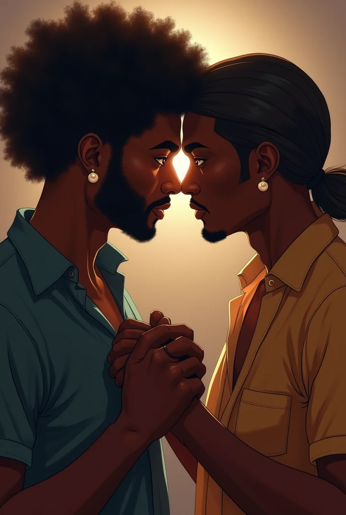 Two men holding hands looking at each other face to face, cheesy, dark skinned, one with afro hair and the other straight, both are dark skinned, Give the second more hair both have earrings
