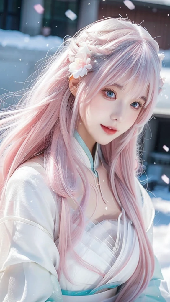 a close up of a woman with pink hair wearing a white dress, a colorized photo by Lü Ji, trending on cg society, plasticien, white hanfu, very long snow colored hair, beautiful long white hair