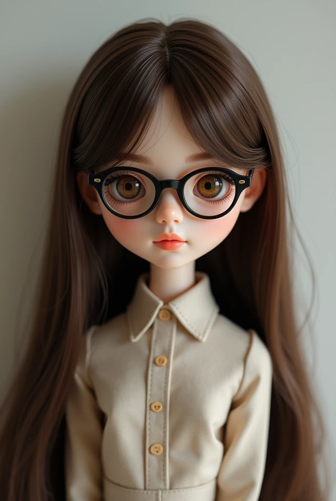 Brunette doll with glasses without bangs straight hair 