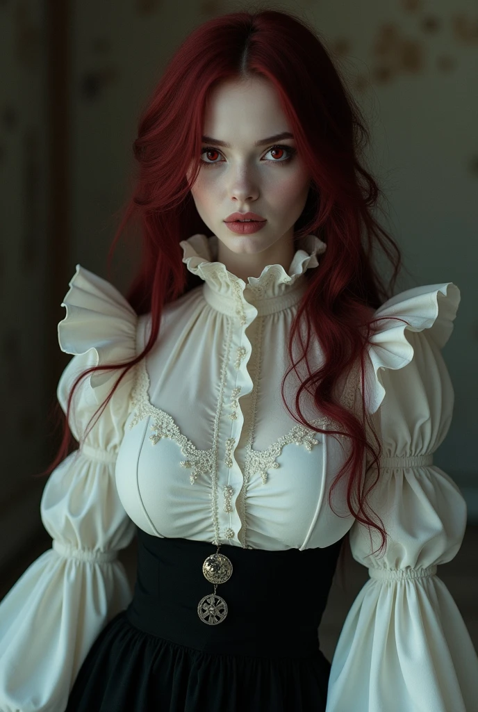  make a pale girl, with red eyes and small beautiful, He had long, dark red hair, a white women&#39;s shirt with a high collar, Exaggerated ruffle hem and long sleeves, a black mid-skirt and big, perfect breasts 