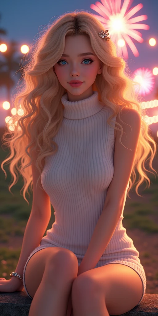 (best quality, ultra-detailed, photorealistic: 1.39), bright and vibrant colors, studio lighting, romantic expression, An effeminate girl, with a delicate and beautiful face. She is a girl who reflects seductive beauty, sparkling eyes, A beautiful adult woman beautiful and voluminous curly blonder hair, hair clip, crying a seductive 2 woman with big breasts seduces, with her large breasts seduces, Turtleneck sweater, white wool, sleeveless, beautiful sweater dress, sitting, with beautiful legs, ankle boots, with her blue eyes that matches her soft smile, in a beautiful pose demonstrating her seduction on the in the park at night, beautiful event decoration with lights and fireworks, night with soft lighting, anime style, like a manwha character