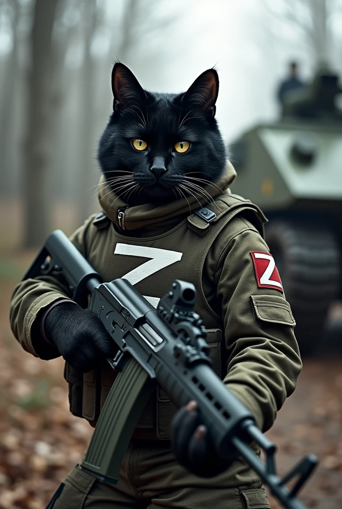 Create a black cat fighting against Ukraine. He is wearing Russian camouflage clothing and has an AK in his hand. He is wearing a bulletproof vest with the letters Z in white and he is in a forest with leafless trees with a Russian T80 armored vehicle. He is wearing the Russian flag.