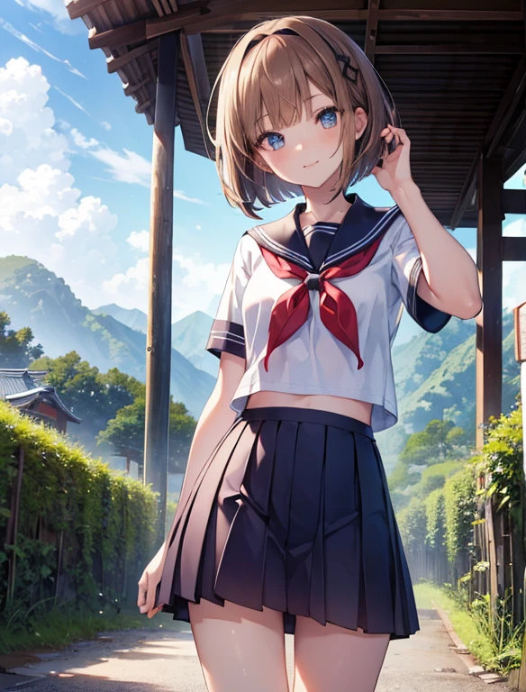 (masterpiece), (best quality), (ultra detailed), 1 girl, late age, standing, wave hand, thigh focus, from below, school uniform, serafuku, hair band, bob cut, brown hair, smile, looking at viewer, japanese rural landscape, rice paddies, gravel road, cumulonimbus, in summer, professional lighting, stunning face, detailed eyes and face