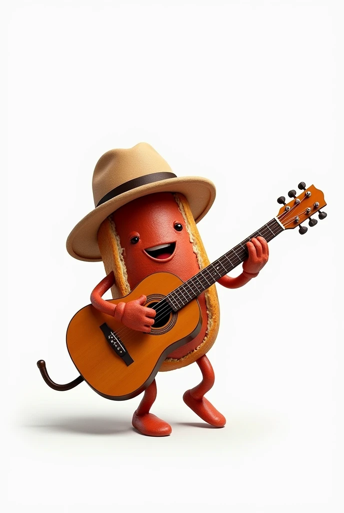 A cute chorizo sandwich with a hat playing an electric guitar on a white background. Don't forget the bread
