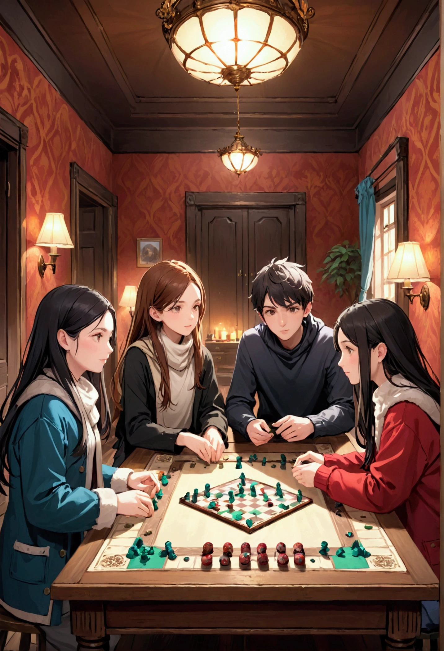 Young friends playing rol games and board games in a warmy room