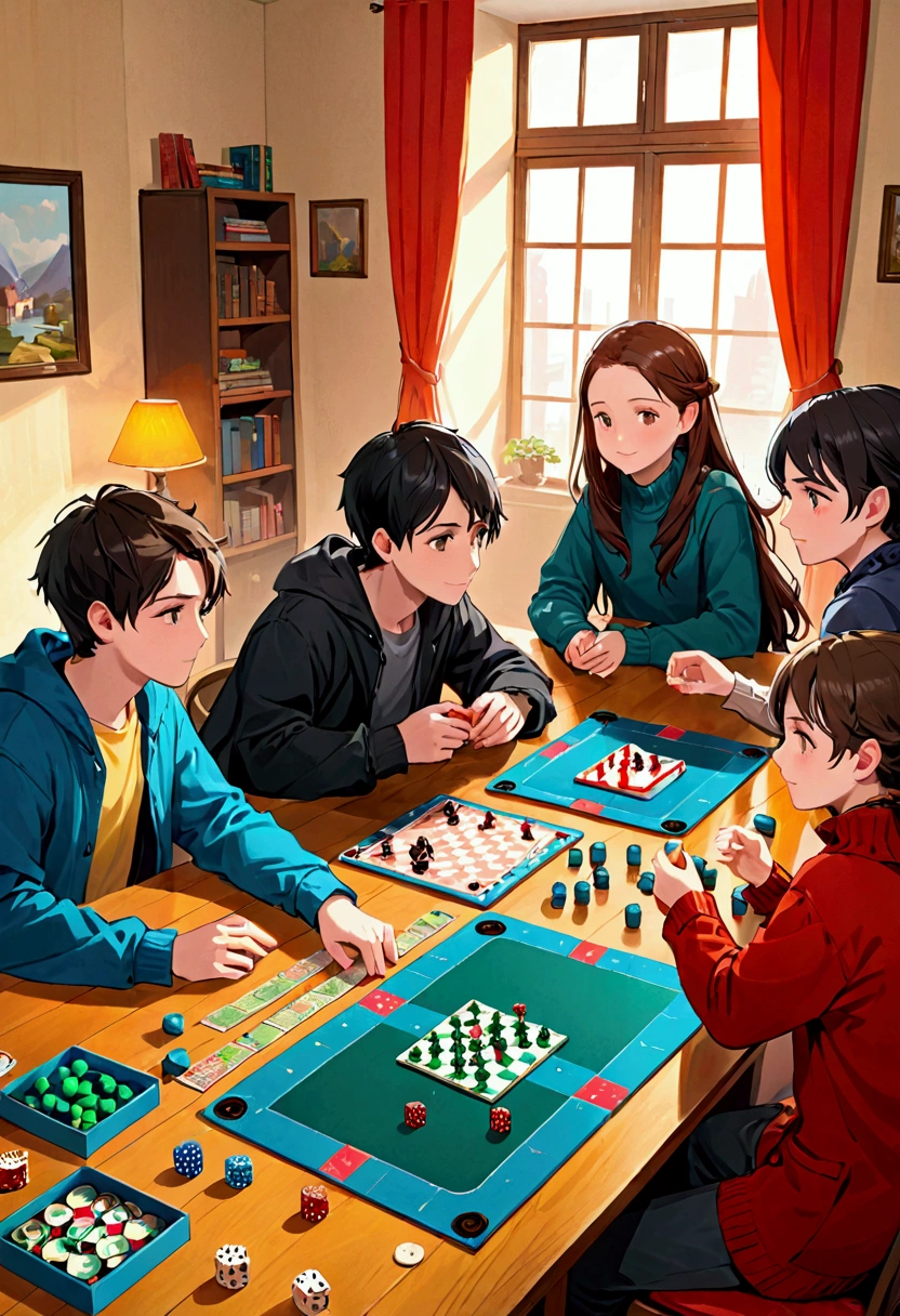 Young friends playing rol games and board games in a warmy room