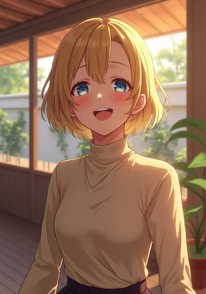 (photorealism:1.2), beautiful woman, sitting on porch, wearing turtleneck sweater, pencil skirt, blonde, short hair, outdoors, soft lighting, plants in garden, relaxed pose, realistic, intricate details, warm colors, japanese style home, anime style, blue eyes, laughing