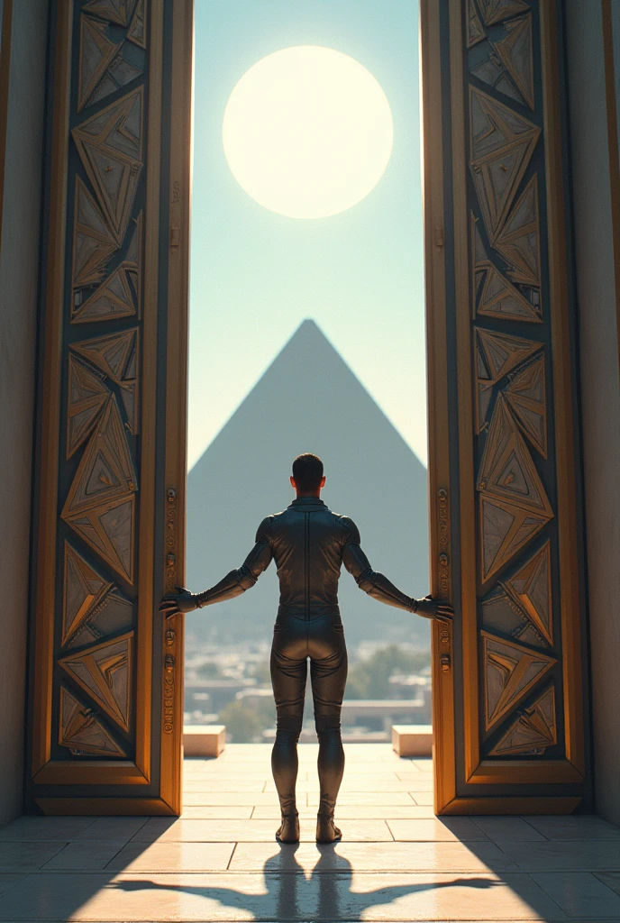 Un homme avec des vêtements futuristes pousse des deux mains des portes futuristes et décoré avec des motifs géométriques et face à lui une pyramide et au dessus le soleil. 