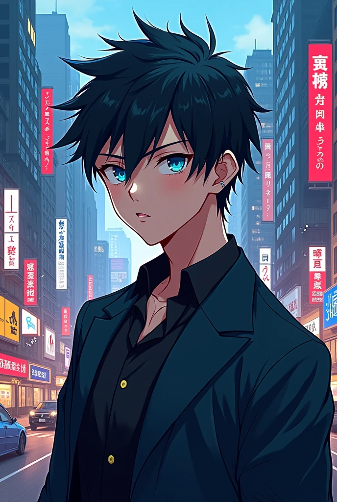 Anime drawing male character with black hair and blue eyes, modern clothes in the city 