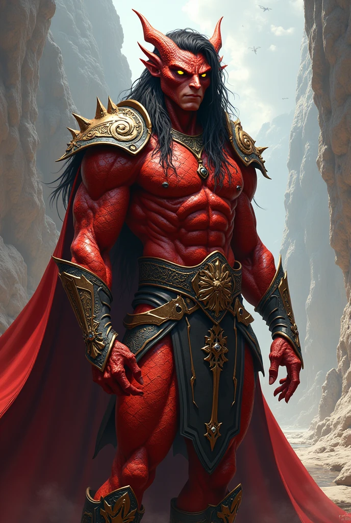 Draw a male DnD paladin character, young, of draconid race, with a red scale color, yellow eyes and black dreadlocks in his long hair.