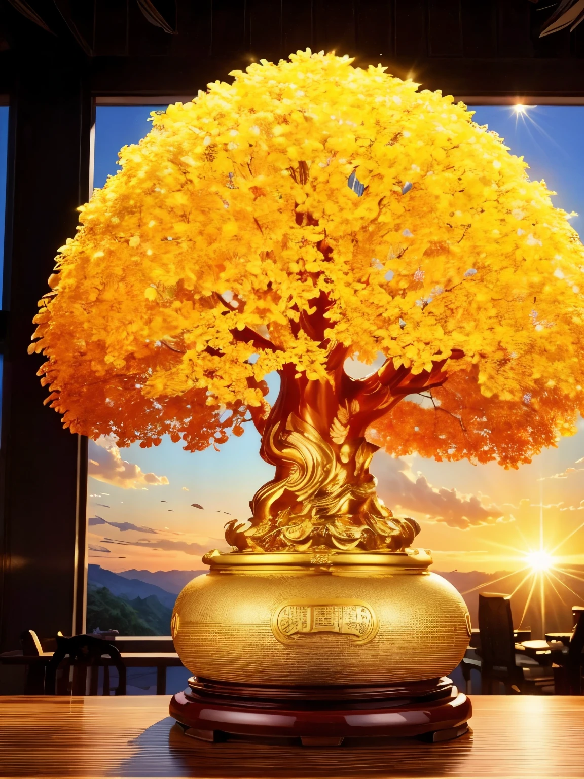 (masterpiece, Highest quality:1.2), Money tree in the forest,The sun shines on the money tree( ((sunset))),Bright Warm( ((充满阳光元素的masterpiece)))((Highest quality)), ((Intricate details))(8k)