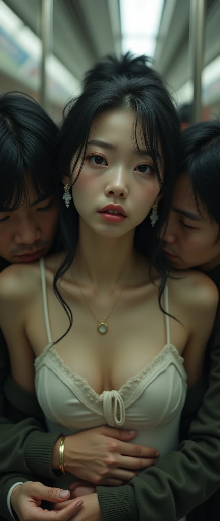 (32K:1.9, Horror depictions:1.9, Highest quality, masterpiece, Ultra-high resolution, Professional random angle camera work:1.5, Very detailedな肌と顔の質感:1.4), Always accurate, Very detailed, bag, (Cute Japanese Woman, Camisole dress and cardigan:1.6, Incredibly slim body:1.3, areola is not visible:1.4, Big breasts on the verge of collapse), ((Crowded train:2.0, Crazy behavior:1.9, Two middle-aged Japanese men hugging a woman from behind on a train:1.7)), belt, Fair skin, elegant, sense of cleanliness, Thin eyebrows, (Big eyes that exude beautiful eroticism:0.4, Are crying:1.0, Confused:1.0, A look that shows deep contempt for you:1.0, Please open your mouth a little, lipstick, Feel the beautiful eroticism:1.0, Dark brown medium hair), Earrings, necklace, bracelet, romantic, mysterious, Object of admiration, original, dramatic, artistic, Innovative, charm, Heartful, Fancy, Tilt, sense of loss, special, ((exciting, Extreme, sense of openness, suffering, sufferingの表現)), ((Mistakes of Youth, 女性的なcharm))