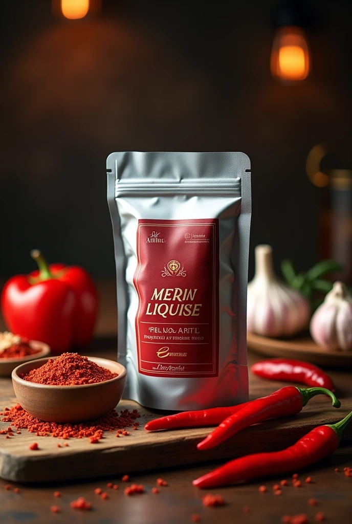 "Create a promotional image for a premium chili oil product named 'Al Amiin Original Flavor.' The text must red dark color, The chili oil is packaged in a sleek, gray aluminum foil retort pouch designed for steamer and sterilization, showing vibrant red oil infused with chili flakes through a small transparent window. The pouch has a flat, flexible design with a front label featuring elegant product name in red, inside the pouch has oily chili flakes, Place the retort pouch in the center of the image on a rustic wooden table, slightly leaning against a small bowl of chili oil. Surround the pouch with fresh red chili peppers, garlic cloves, and a sprinkle of chili flakes. The background should be a dark, blurred kitchen scene with warm lighting to create a cozy, artisanal feel. Add a subtle text overlay in the upper right corner that reads 'Spice Up Your Meals with Al Amiin - RM12 Only.'"