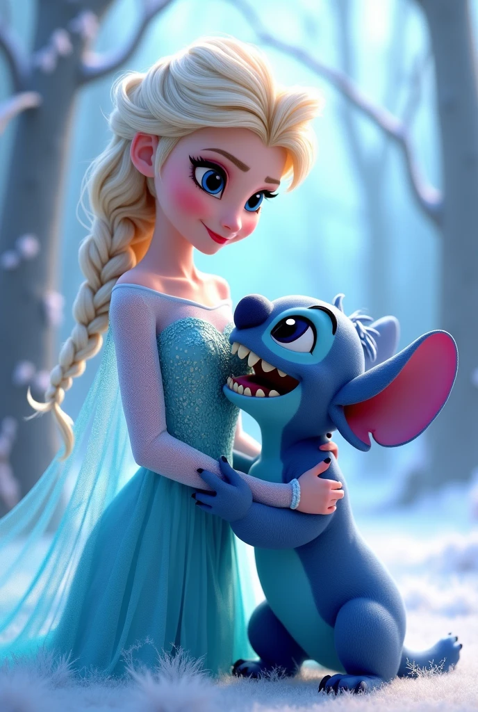 Elsa carrying Stitch And they are posing for a photo, the two of them, complete from head to toe 