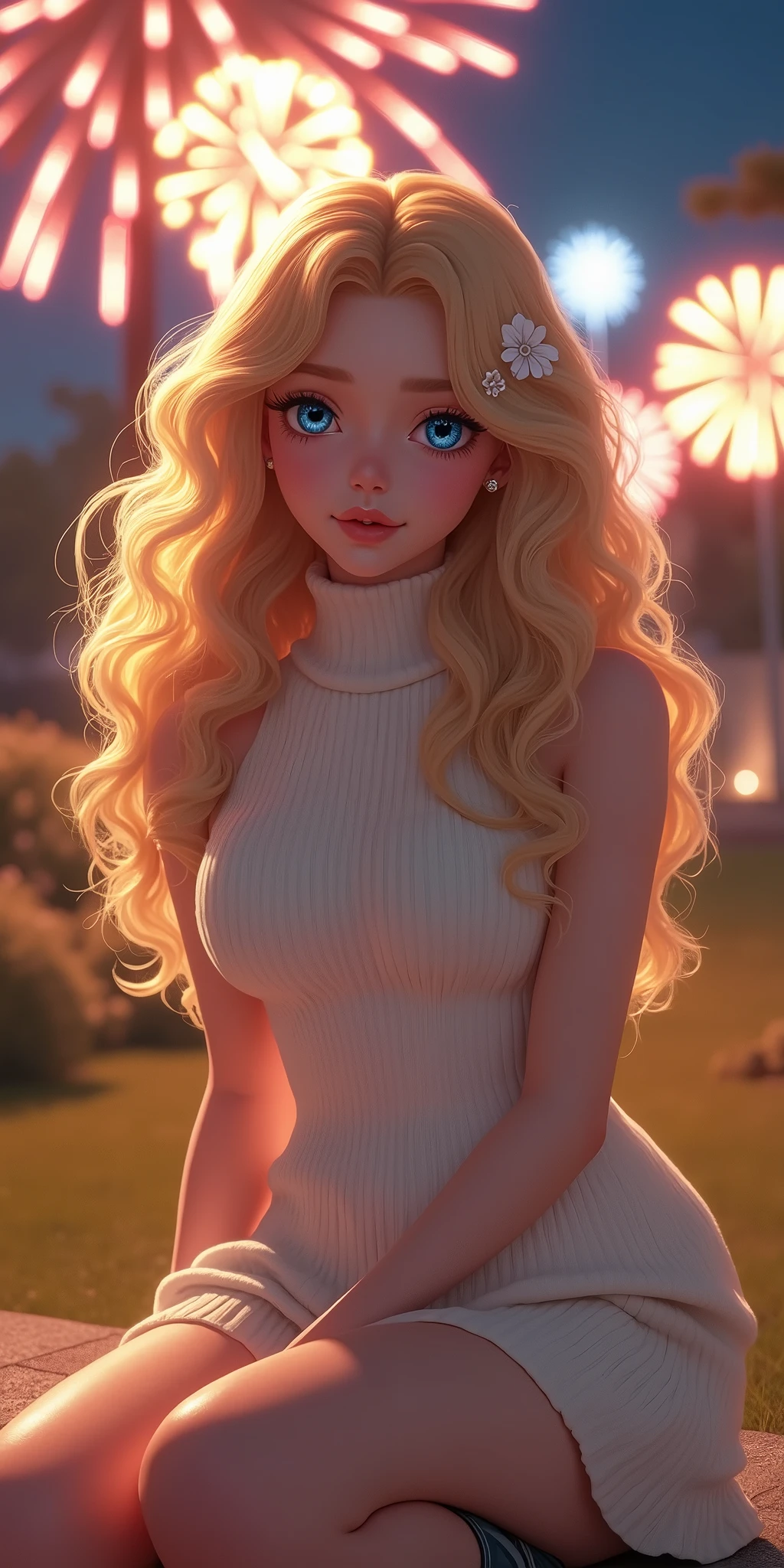 (best quality, ultra-detailed, photorealistic: 1.39), bright and vibrant colors, studio lighting, romantic expression, An effeminate girl, with a delicate and beautiful face. She is a girl who reflects seductive beauty, sparkling eyes, A beautiful adult woman beautiful and voluminous curly blonder hair, hair clip, crying a seductive 2 woman with big breasts seduces, with her large breasts seduces, Turtleneck sweater, white wool, sleeveless, beautiful sweater dress, sitting, with beautiful legs, ankle boots, with her blue eyes that matches her soft smile, in a beautiful pose demonstrating her seduction on the in the park at night, beautiful event decoration with lights and fireworks, night with soft lighting, anime style, like a manwha character
