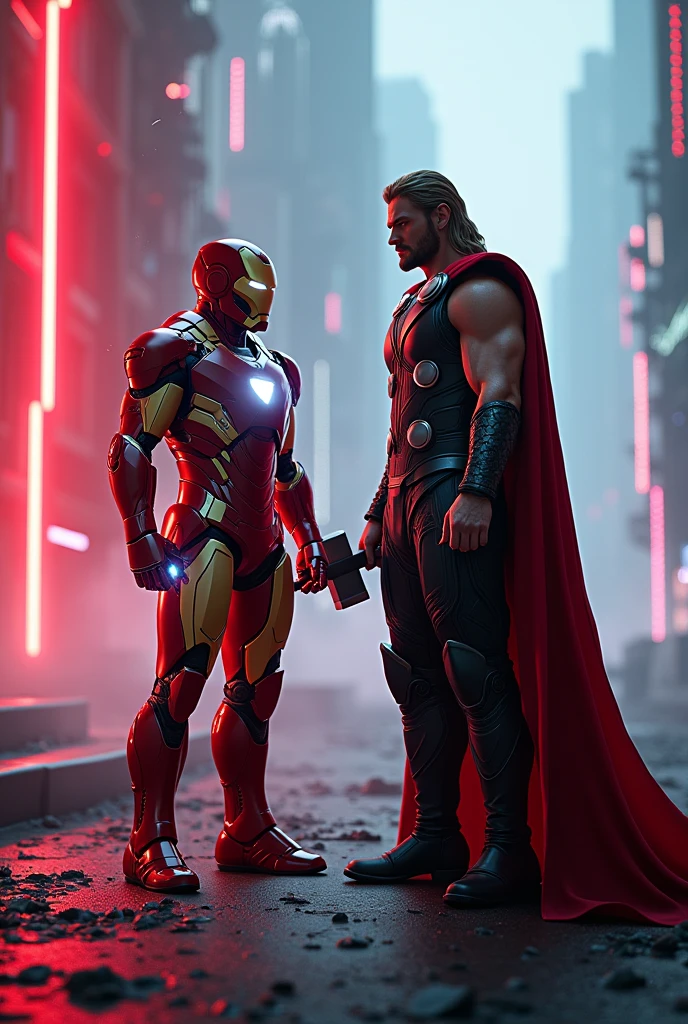 Iron man and Thor in cyberpunk scenery with led lights glowing background with red and white colours