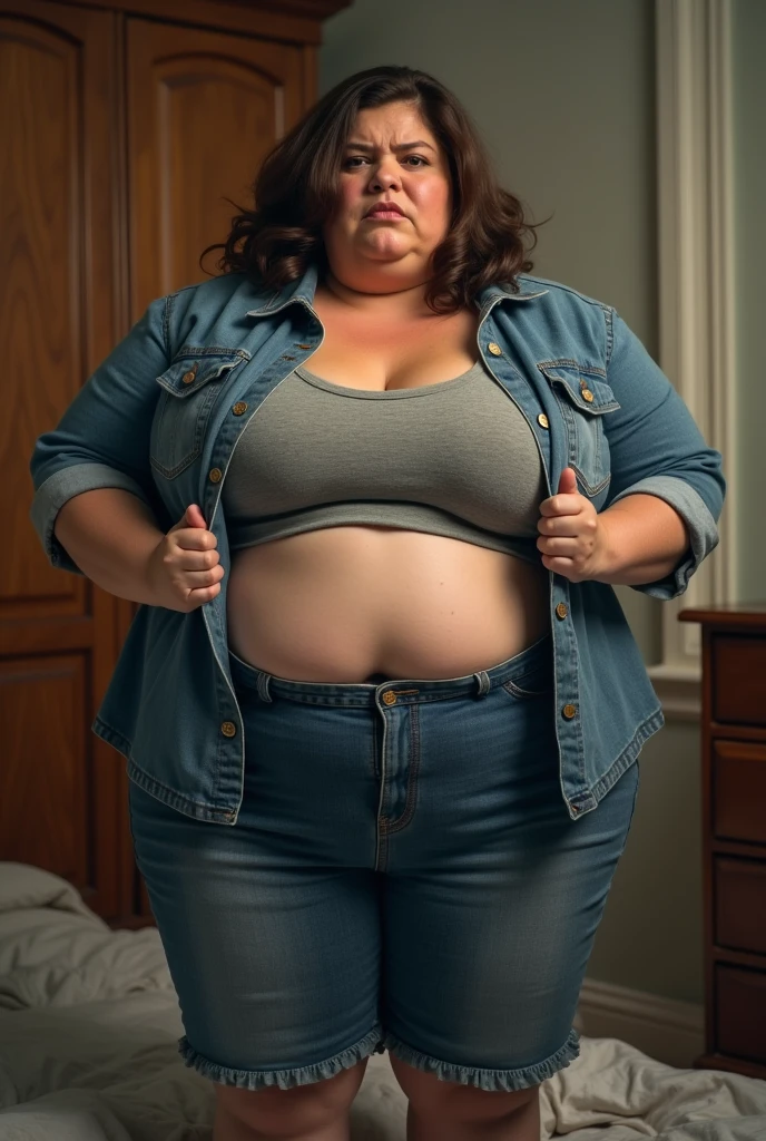 Fat woman went to put on clothes but the clothes were too small for her,so she decides to get naked