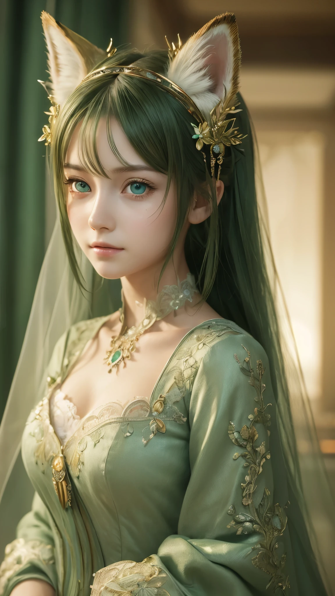 (alone:1.5),(masterpiece:1.5),(Highest quality:1.5),(bust:1.3),wonderful,Beautiful details,Highly detailed wallpaper,Highly detailed CG Unity 8k wallpaper,Very delicate and beautiful eyes,One person, Green Eyes,,Fox Ears,