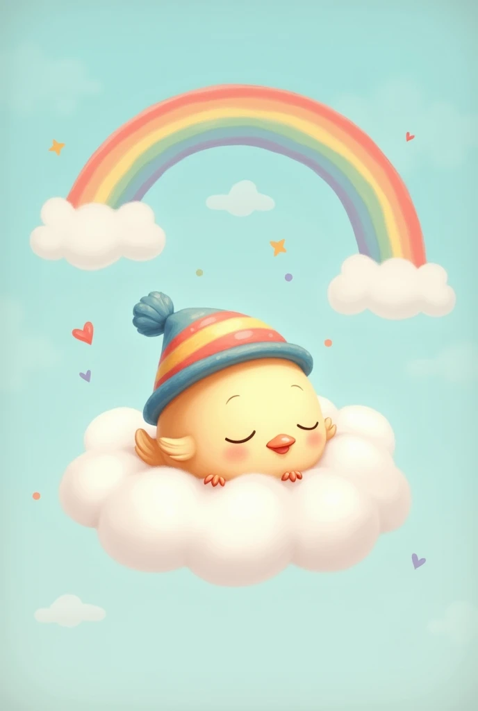 A cute little bird taking a nap on a cloud Wearing a rainbow hat Picture book style The sky is light blue Rainbow on background