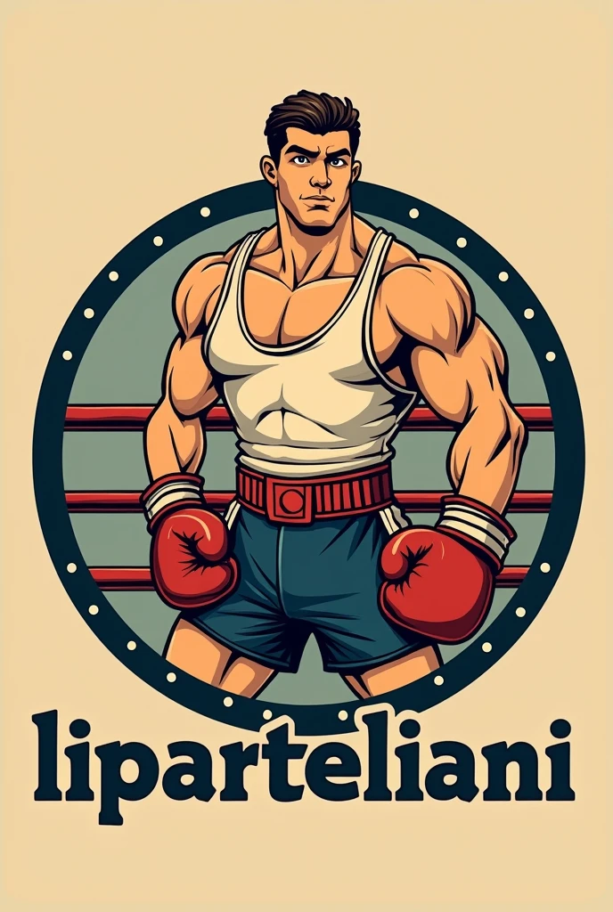 1920's cartoon pugilist mascot torso,logo in circle, boxing ring, text Liparteliani