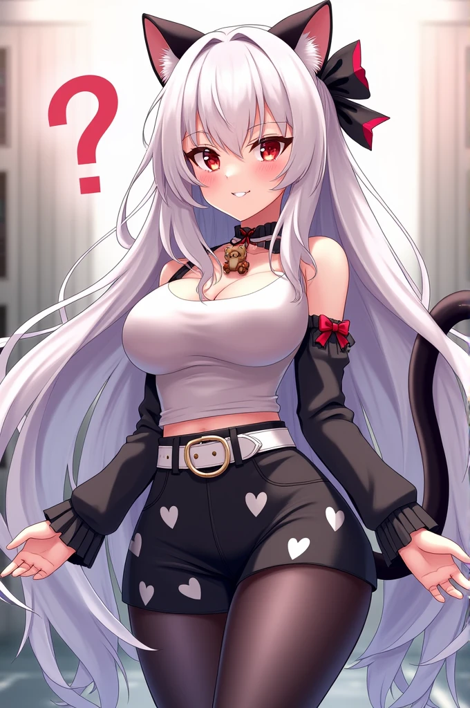 20-year-old adult anime girl with big tits and big ass who is beautiful and flirtatious with long white hair with a black bow in the back, a question mark next to the head, a long-sleeved top and black pants with white hearts, a short black skirt with a white belt and a crimson teddy bear keychain, a panther tail with a red bow at the tip, cute little panther ears