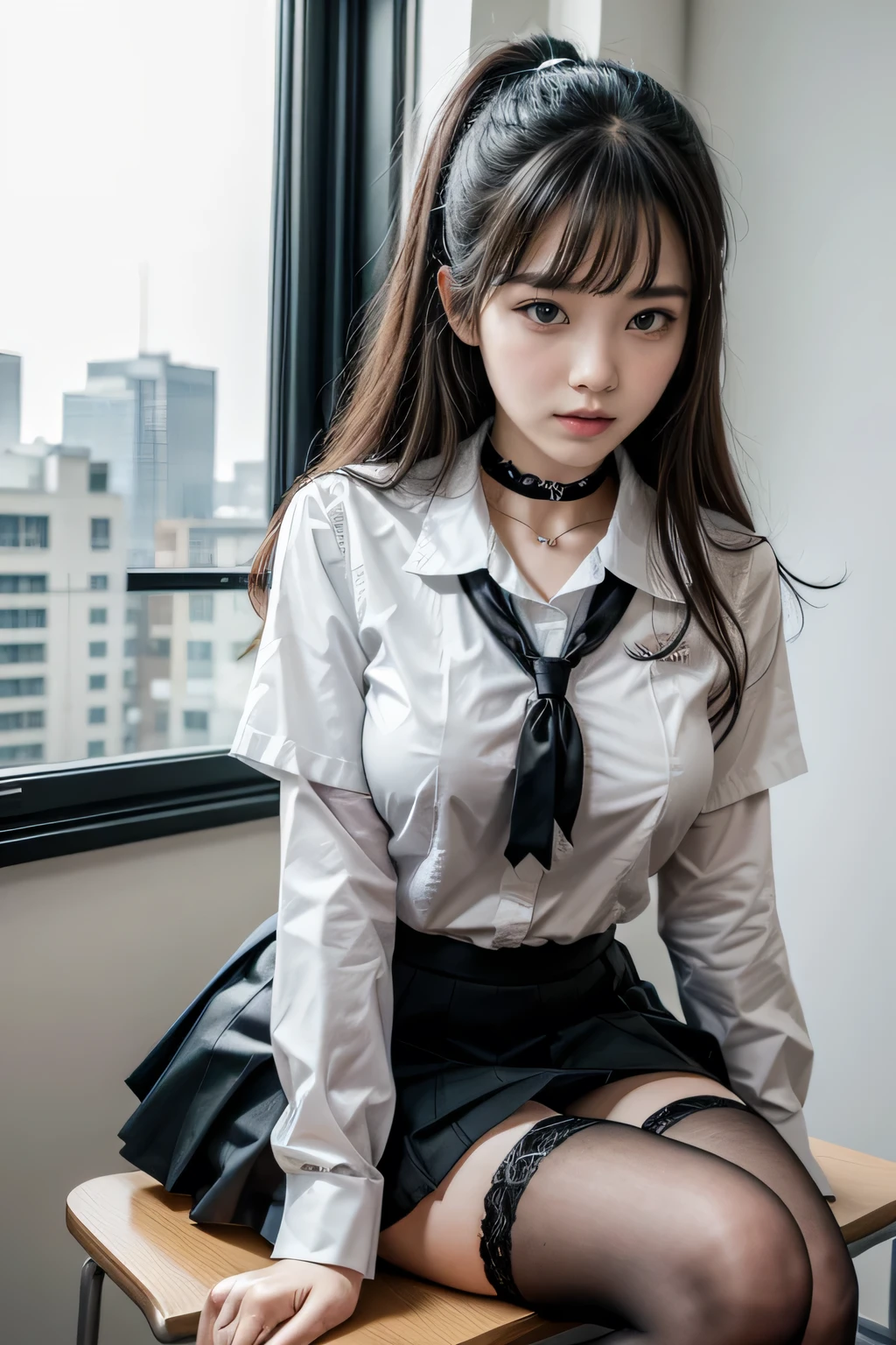 , School girl, white and black uniform, white and black skirt, black lace choker, white lace thigh highs, looking at viewer, class room background, sitting on desk, seductive, dark eyeliner, sexy eyeliner, 