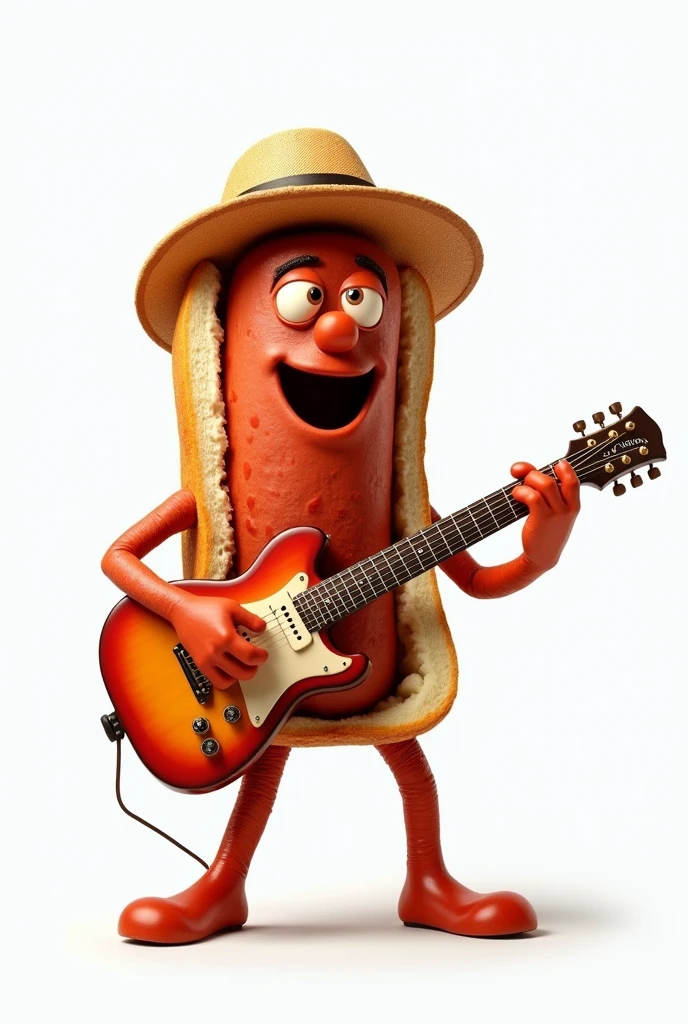 A cute chorizo sandwich with a hat playing an electric guitar on a white background. Don&#39;t forget the bread