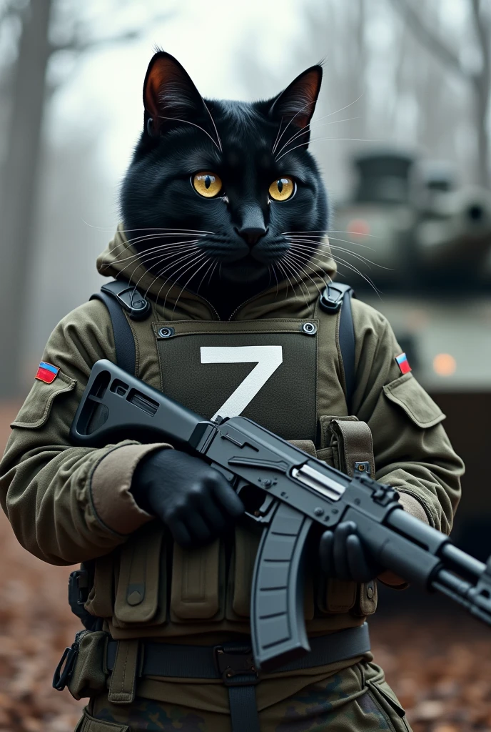 Create a black cat fighting against Ukraine. He is wearing Russian camouflage clothing and has an AK in his hand. He is wearing a bulletproof vest with the letters Z in white and he is in a forest with leafless trees with a Russian T80 armored vehicle. He is wearing the Russian flag.