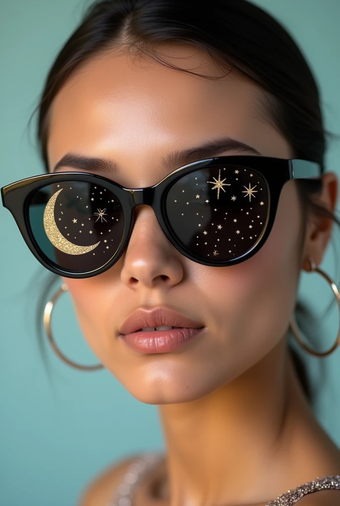 The model is wearing glass sunglasses with stars and the moon on the glass