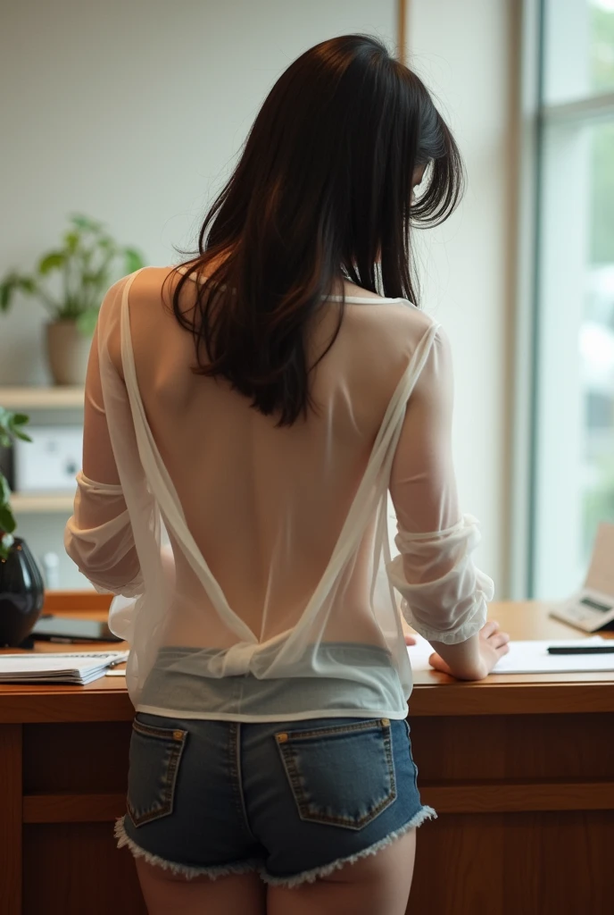 cute chinese girl, writing at the reception, wearing a short skirt, open shirt, her vagina is visible from behind, her breasts are sticking out of her shirt, the texture of her shirt is transparent, camera from behind, masturbation
