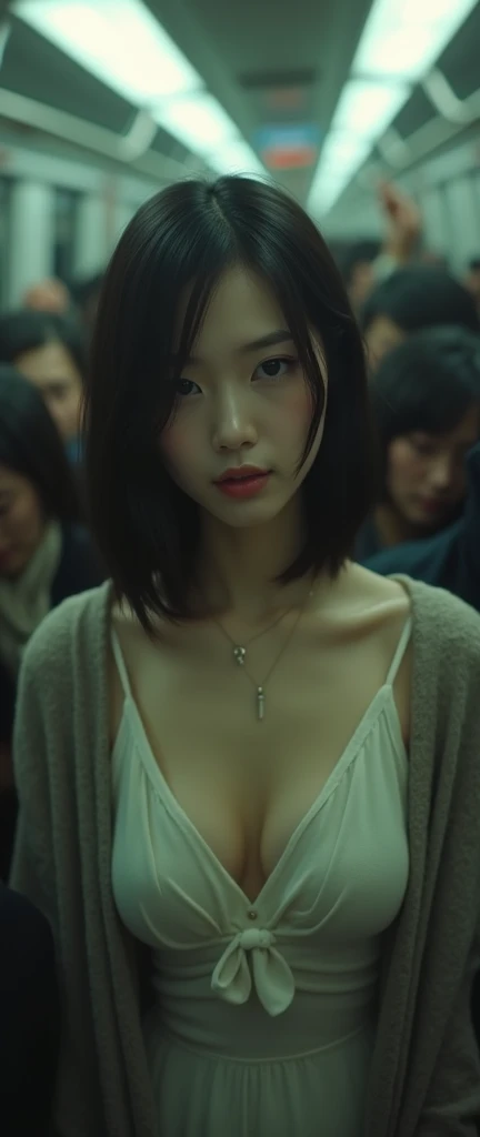(32K:1.9, Horror depictions:1.9, Highest quality, masterpiece, Ultra-high resolution, Professional random angle camera work:1.5, Very detailedな肌と顔の質感:1.4), Always accurate, Very detailed, bag, (Cute Japanese Woman, Camisole dress and cardigan:1.6, Incredibly slim body:1.3, areola is not visible:1.4, Big breasts on the verge of collapse), ((Crowded train:1.7, Crazy behavior:1.9, 5 Zombies Touching Women:2.0)), belt, Fair skin, elegant, sense of cleanliness, Thin eyebrows, (Big eyes that exude beautiful eroticism:0.4, Her facial expression when she feels that she is being caressed intensely, Expressions of drowning in pleasure, A look that shows deep contempt for you:1.0, Please open your mouth a little, lipstick, Feel the beautiful eroticism:1.0, Dark brown medium hair), Earrings, necklace, bracelet, romantic, mysterious, Object of admiration, original, dramatic, artistic, Innovative, charm, Heartful, Fancy, Tilt, sense of loss, special, ((exciting, Extreme, sense of openness, suffering, sufferingの表現)), ((Mistakes of Youth, 女性的なcharm))