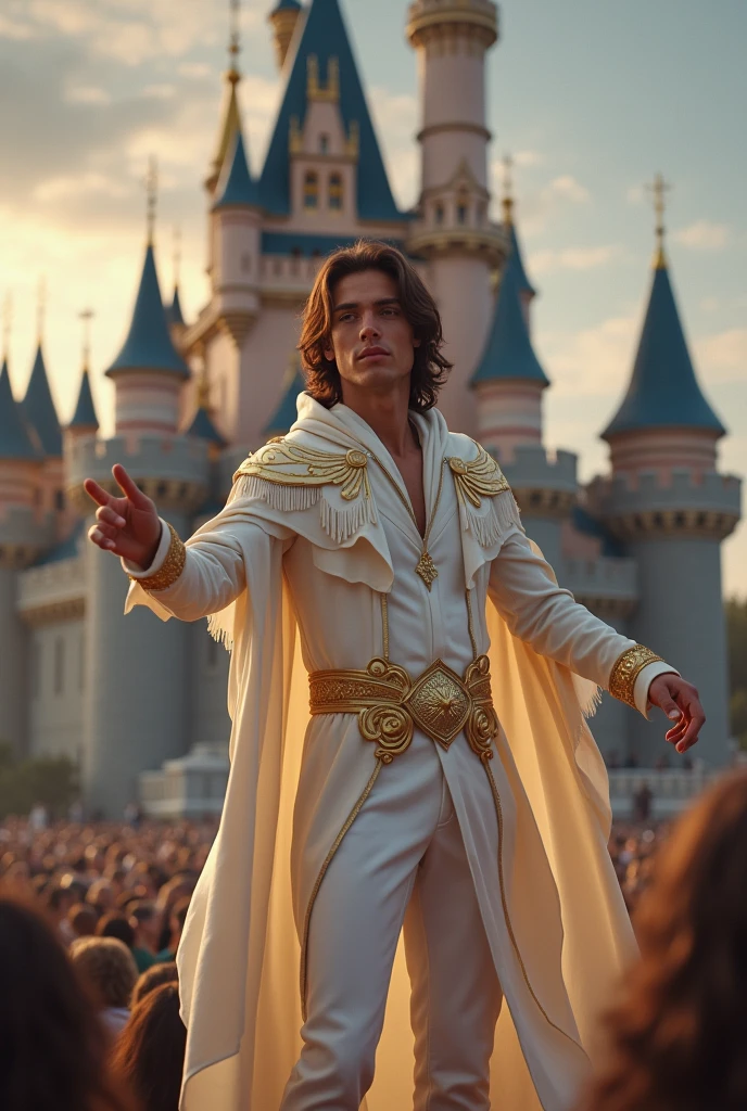 artwork best quality handsome american male teenager long brown hair light skin with white cape and hooded coat on head with gold details white long sleeve shirt and white pants underneath intricate details singing holding a microphone seen from afar pointing at the audience at a concert with a castle behind him with details uhq 8k details
