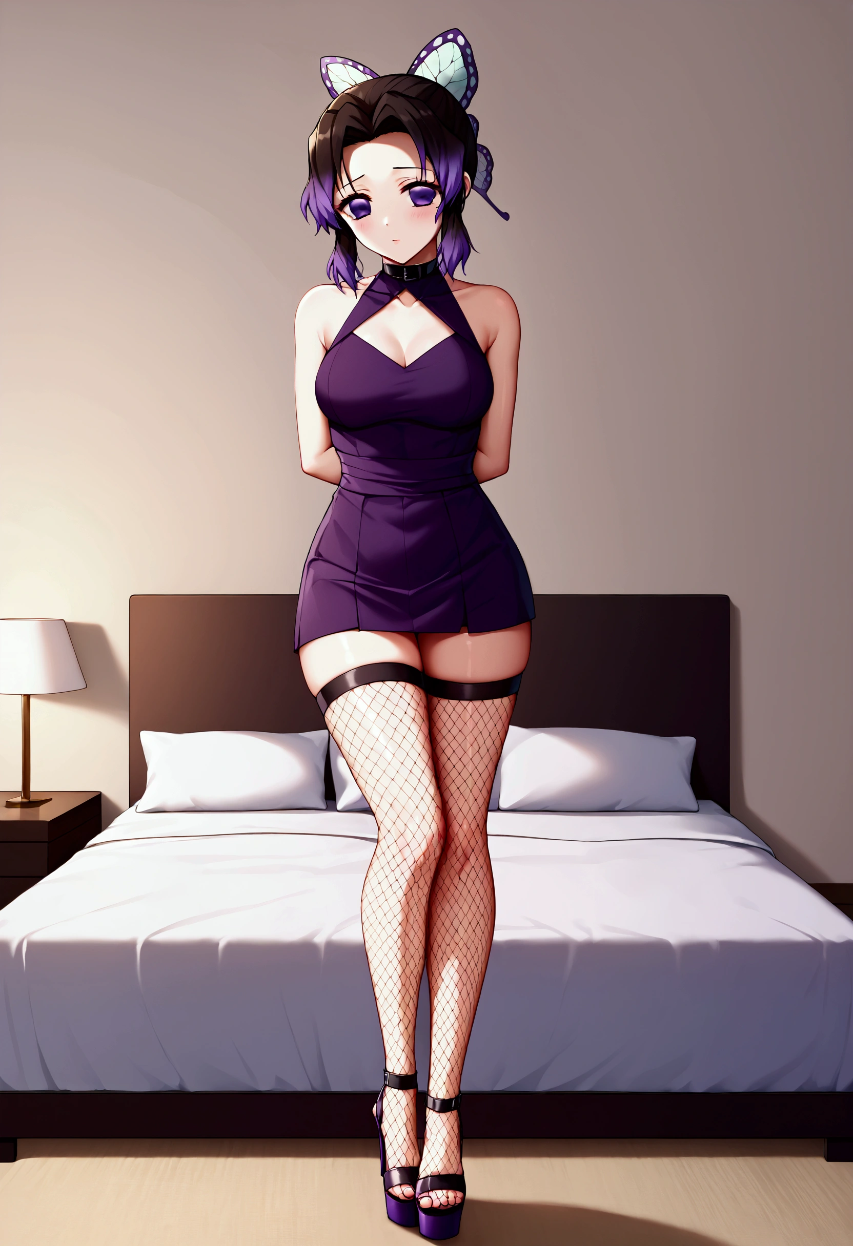 
Kochou Shinobu, 1girl,masterpiece, multicolored hair, sleeveless, purple eyes,  bondage, anime, short dress with a neckline, high wedge heels, fishnet stockings, in a bedroom, 