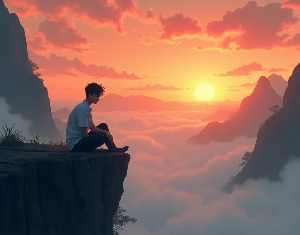 A Thai man sits sadly beside a cliff, watching the sunset with a sea of fog, like in a Chinese anime.